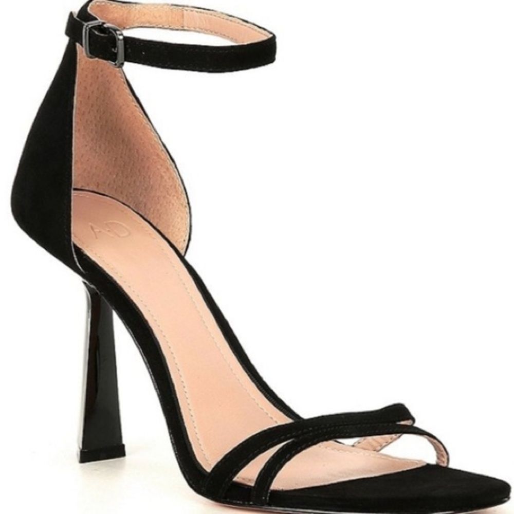 AD & Daughters Celina Black Suede Ankle Strap Architectural Heel Sandals 10 NIB